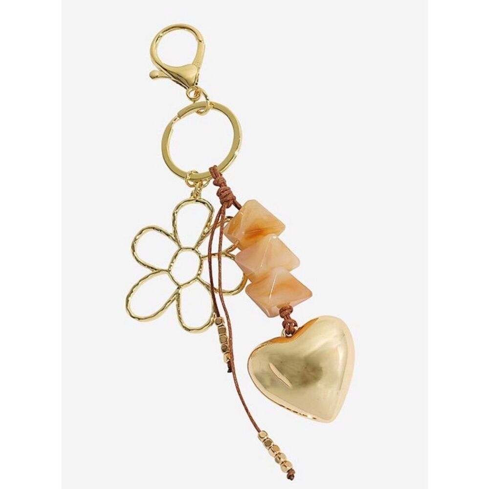 New Emberly Gold Heart & Flower Charm Keychain with Peach Stone Beads